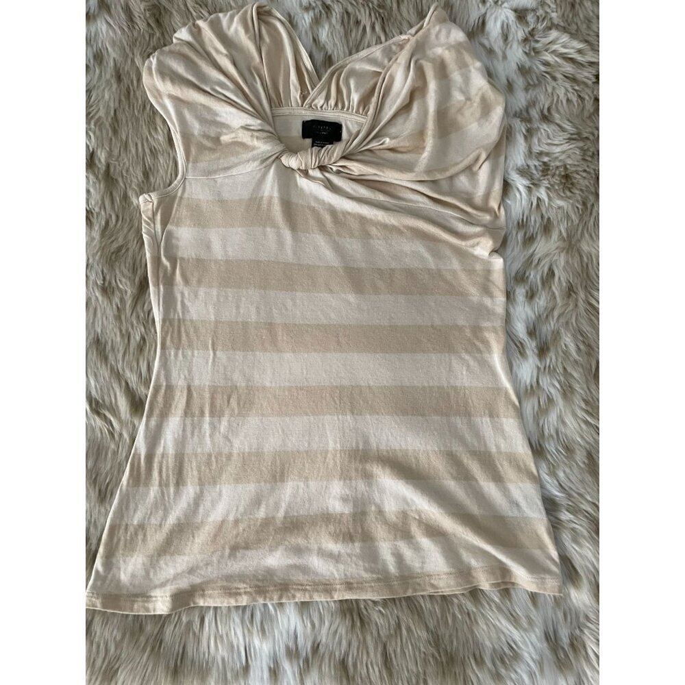 Anthropolgie Deletta XS Beige Striped Modal Top With Unique Twist Front Y2K
